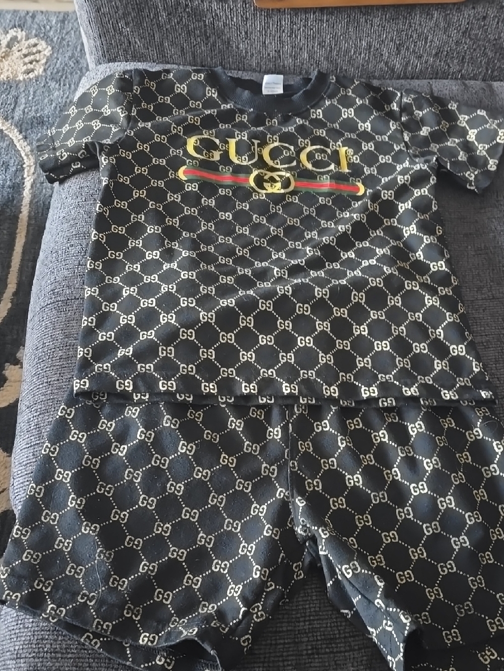 Black Logo-Print Kids Short Set with Gold Accent